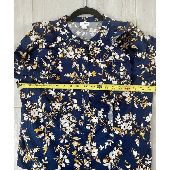 J Crew Shirt Women Medium Navy Gold Ruffle Trim Shoulder Chest Cotton Shirt - Picture 10 of 11